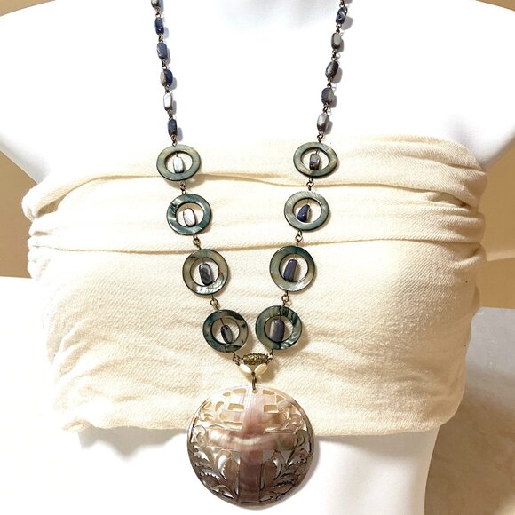 Rainbow Mother of Pearl Longevity Life Tree Pendant Bronze Link Long Necklace - Picture 2 of 12